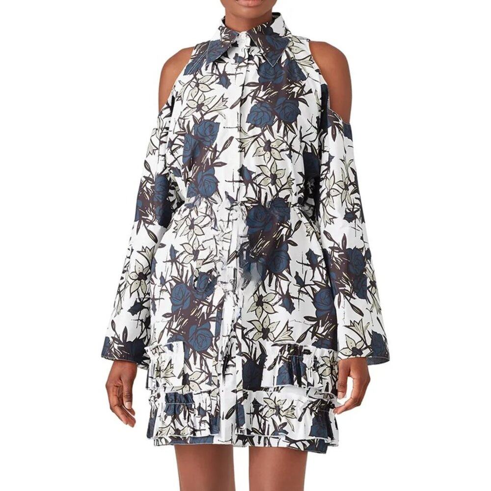Nina Ricci Illustrated Floral Shirt Dress White Multi (EUC) Size 40 (lrg)